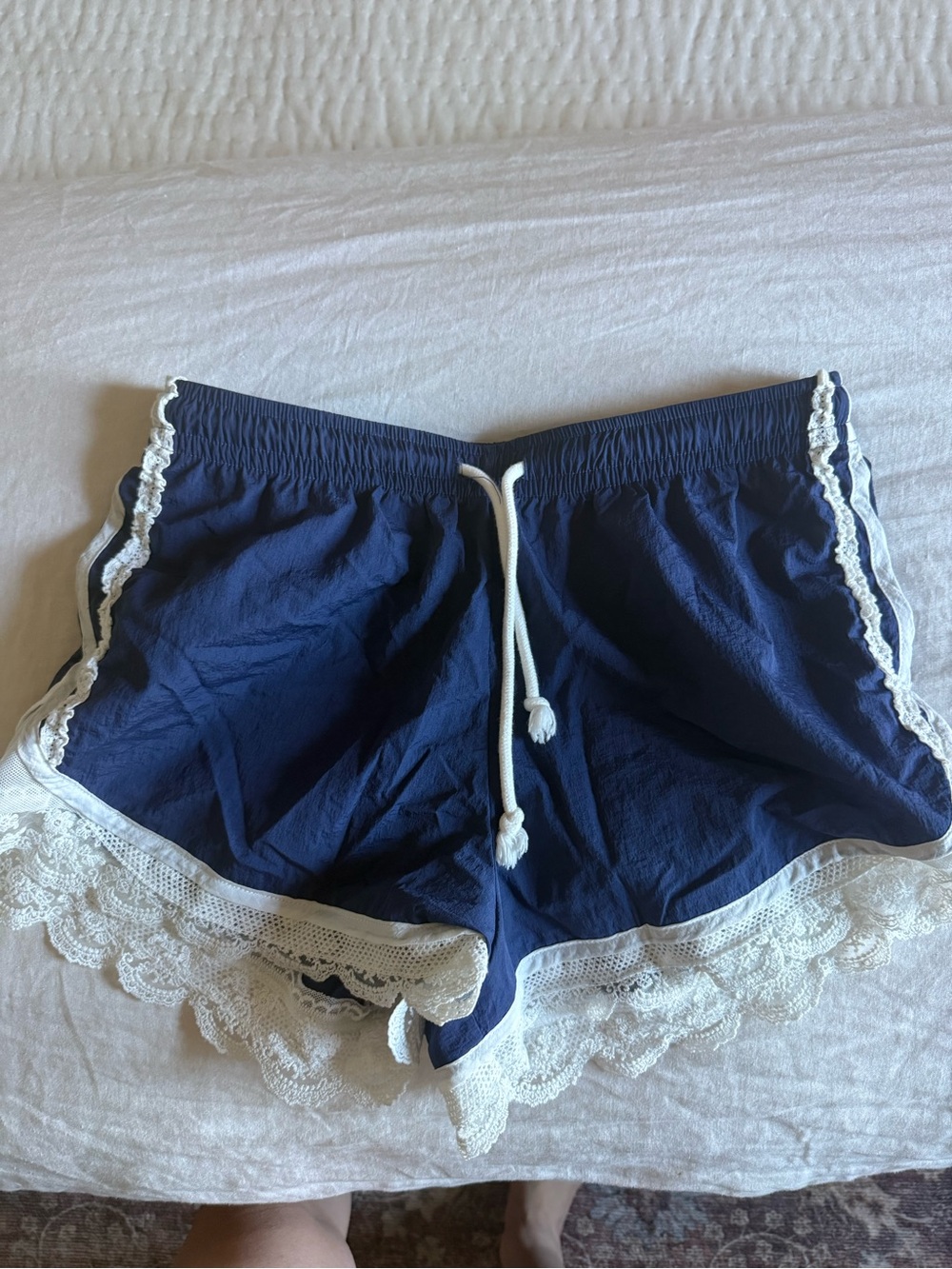 Anthropologie Navy Shorts with White Lace Trim